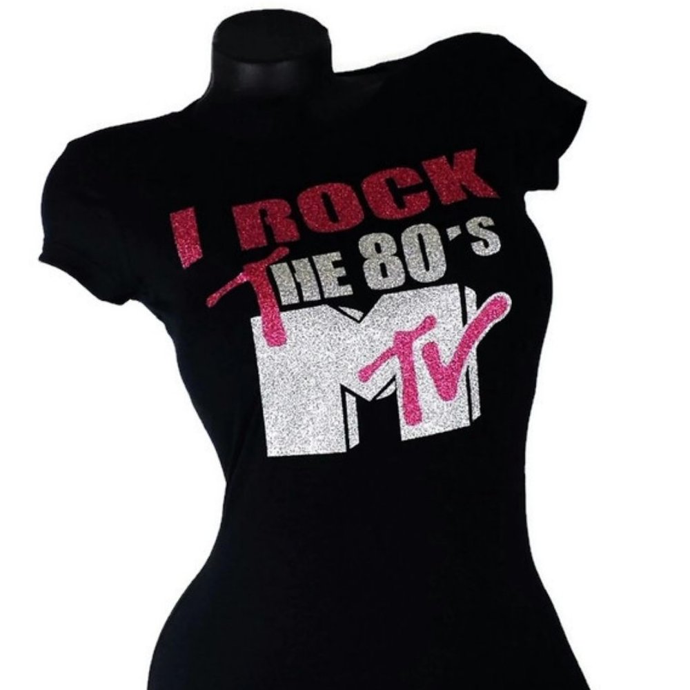 I Rock the 80's black fitted spandex tee with silver & pink lettering.